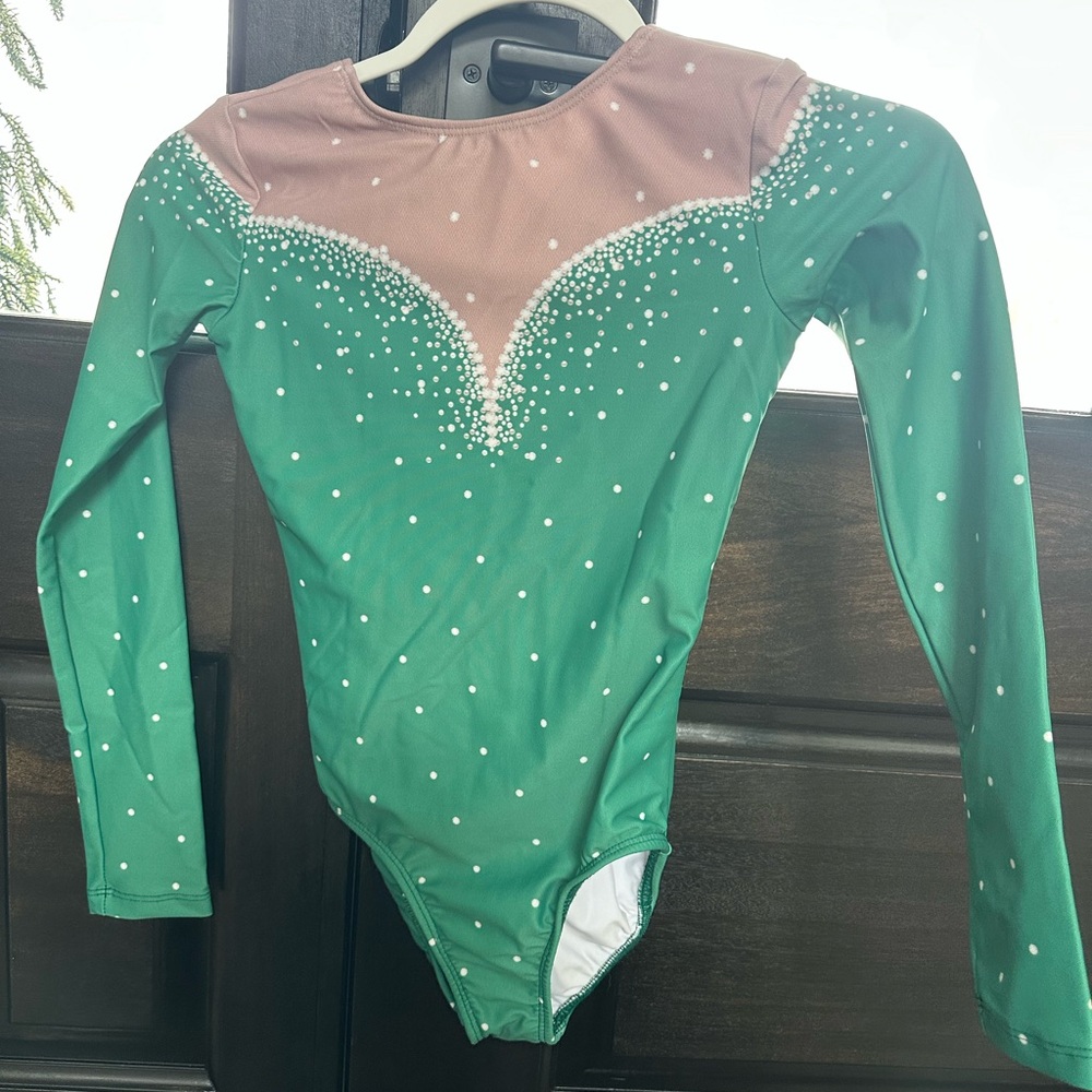 Green Long Sleeve Rhinestone appearance Leotard with Nude Mesh Yoke